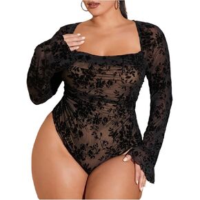 WDIRARA Women's Plus Size Floral Long Bell Sleeve Bodysuit Square Neck Mesh Body Suit