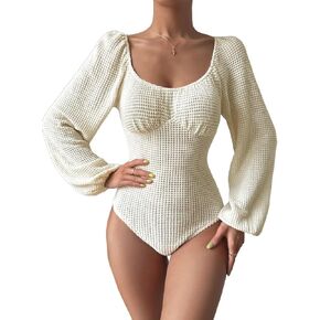 Makemechic Women's Scoop Neck Long Longer Sudyve Sudyve Waffle قميص متماسكة