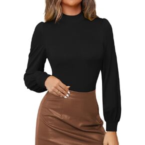 MANGOPOP Mock Neck Puff Sleeve Bodysuit Turtleneck Loose Lantern Long Sleeve Body Suit for Women for Going Out