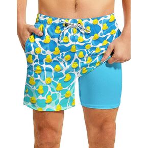 Funny Men's Swim Trunks with Compression Liner 5'' Inseam Quick Dry Beach Shorts Breathable Board Shorts for Men