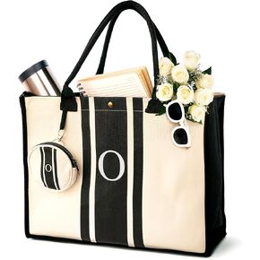 LEAFICO Initial Canvas Tote Bag - Embroidered Letter Beach Bag, Monogrammed Personalized Gift Bag For Women, Make Up Purse