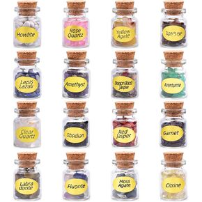 16-Piece Healing Crystal Stone Jars Set Mini Glass Bottles - Premium Assortment of Gemstones for Reiki, Meditation, Crafts, and Decoration, A