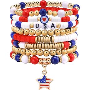 Hisatan 4th of July Bracelets Red and Blue Bracelets ، USA American Flag Clay Bead Bracelet ، الأساور الوطنية القابلة للتكديس كبيرة للنساء للرجال الإكسسوارات الرابع من يوليو الاستقلال.