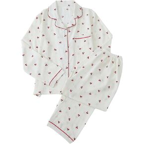 Women's 2 Piece Pj Set Cherry Print Pajama Long Sleeve Button Up Collar Tops and Pants Nightwear Sleepwear Lounge Set in Kuwait