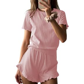 Ekouaer Womens Ribbed Knit Pajama Sets 2 Piece Short Sleeve Pjs Cute Pajamas Ruffle Lounge Sets Soft Sleepwear Set S-XXL