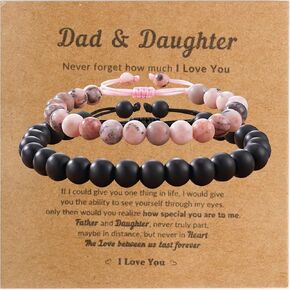 Father and Daughter Matching Bracelet Dad Daughter Bracelet for 2 Adjustable Pink Zebra Black Agate Beaded Wristband Fathers Day Birthday Gifts for Father Daughter