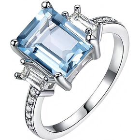 925 Sterling Silver Aquamarine Ring Three-Stone 7 * 9 MM Emerald Cut Aquamarine Rings for Women Moissanite Engagement Rings Gift for Lover