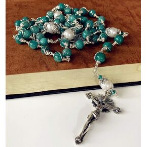 الأنيقة الأنيقة المصنوعة يدويًا سلكًا فضيًا مرفوعًا بالخرز Amazonite و AAA10MM حقيقية لؤلؤة المسبحة الصليب الهدايا الكاثوليكية
