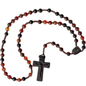 جيب Cera Agate/Jujube Wood 5 عقود كاثوليكية مسبحة كاثوليكية ، صليب محفور بالليزر/قطعة مركزية على الوجهين ، حبات ناعمة 6 مم