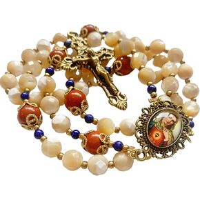 Lcqq handmade vintage mother of pearl beads + Red Agate beads catholic rosary necklace crucifix cross gift box