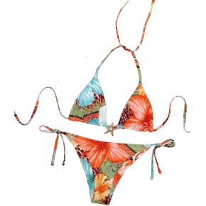 QJQ Women's 2 Piece Bikini Sets Floral Leopard Starfish Metal Triangle Bathing Suit Cheeky String Swimsuit