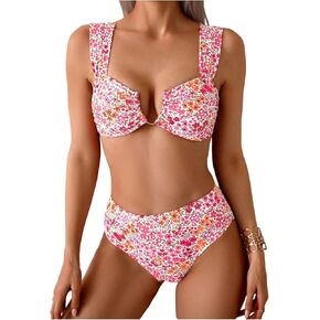 SOLY HUX Women's Floral Print Swimsuit V Wire High Waisted Bikini Set Two Piece Bathing Suit