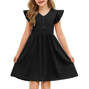 Arshiner Girls Dresses Ruffle Sleeve A-Line V-Neck Sundress Summer Swing Midi Dress with Pockets
