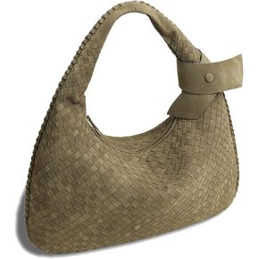 Women's Faux Suede Bag, Woven Bag, Shoulder Bag Slouchy Hobo, Suede Handbag with Zipper Closure
