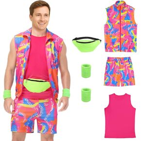 Mens 80s Workout Costume 90s Outfit for Men - Retro Neon 5 Piece Halloween Cosplay Couples Costume Set