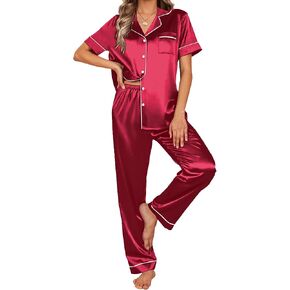 Ekouaer Satin Pajamas Set Women Short Sleeve Sleepwear Soft Button Down Loungewear Pjs Set