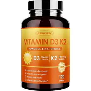 Zebora Vitamin D3 K2 مع الزنك والسيلينيوم - 5000 وحدة دولية من فيتامين D3 ، 100 MCG MK7 فيتامين K2 للحصول على أقصى قدر
