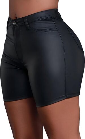 Women's Sexy High Waist Faux Leather Shorts - Stretchy PU Leather Casual Shorts in Kuwait
