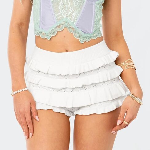 Crochet Bloomer Shorts for Womens High Waisted Knit Ruffle Booty Shorts Cute Rave Party Beach Festival Micro Outfits in Saudi Arabia