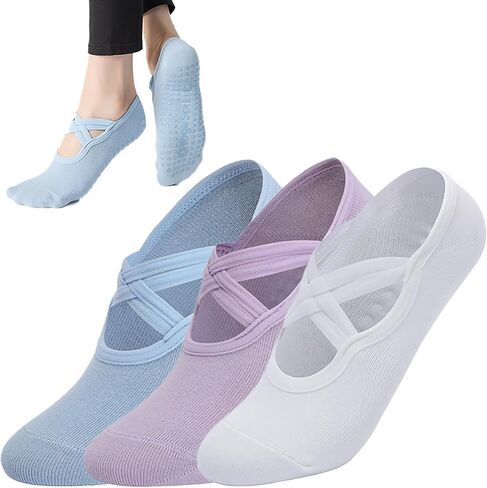 3 Pairs Yoga Socks for Women Non-Slip Grips Straps, Ideal for Pilates, Pure Barre, Ballet, Dance, Barefoot Workout in Saudi Arabia