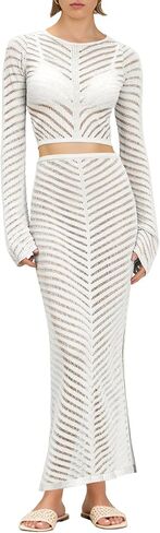 Fisoew Womens 2 Piece Swimsuit Coverup Summer Hollow Out Crop Tops Maxi Skirt Sets Bathing Suit Beach Vacation Outfits in Saudi Arabia