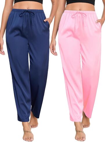 Veseacky Womens Silk Satin Pajama Pants Lounge Pants Drawstring Elastic Waist Wide Leg Pj Bottoms with Pockets 2 Pack in Saudi Arabia