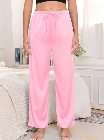 Veseacky Womens Silk Satin Pajama Pants Lounge Pants Drawstring Elastic Waist Wide Leg Pj Bottoms with Pockets 2 Pack in Saudi Arabia