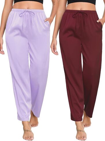 Veseacky Womens Silk Satin Pajama Pants Lounge Pants Drawstring Elastic Waist Wide Leg Pj Bottoms with Pockets 2 Pack in Saudi Arabia