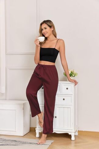 Veseacky Womens Silk Satin Pajama Pants Lounge Pants Drawstring Elastic Waist Wide Leg Pj Bottoms with Pockets 2 Pack in Saudi Arabia