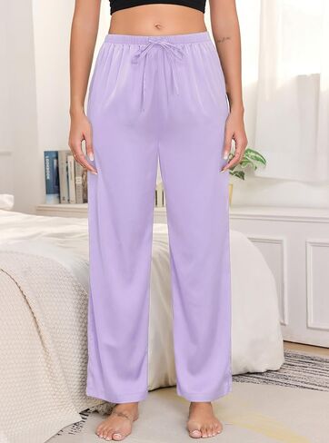 Veseacky Womens Silk Satin Pajama Pants Lounge Pants Drawstring Elastic Waist Wide Leg Pj Bottoms with Pockets 2 Pack in Kuwait