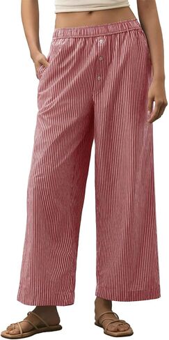 Tankaneo Womens Boxer Pants Striped Lounge Pajama Bottoms Elastic High Waisted Wide Leg Trousers with Pockets in Saudi Arabia