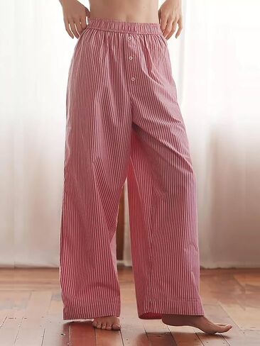 Tankaneo Womens Boxer Pants Striped Lounge Pajama Bottoms Elastic High Waisted Wide Leg Trousers with Pockets in Saudi Arabia