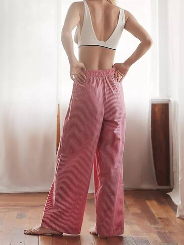 Tankaneo Womens Boxer Pants Striped Lounge Pajama Bottoms Elastic High Waisted Wide Leg Trousers with Pockets in Saudi Arabia