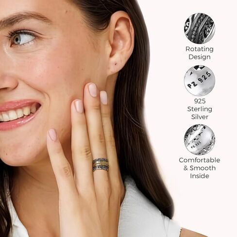Paz Creations 925 Sterling Silver Spinner Ring for Woman ، حلقات تململ القلق مصنوعة يدويا ، أسلوب عتيق ، مع ضمان سنة واحدة in Saudi Arabia