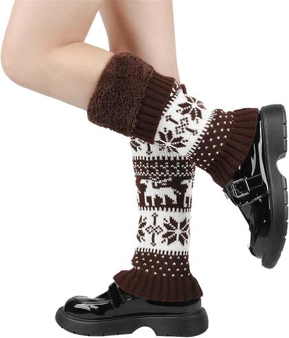 Women Fall Winter Knit Leg Warmers Christmas Snowflake Elk Print Fleece Lined Boot Cuffs Holiday Socks in Saudi Arabia
