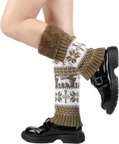 Women Fall Winter Knit Leg Warmers Christmas Snowflake Elk Print Fleece Lined Boot Cuffs Holiday Socks in Saudi Arabia