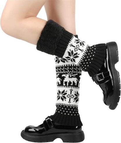 Women Fall Winter Knit Leg Warmers Christmas Snowflake Elk Print Fleece Lined Boot Cuffs Holiday Socks in Saudi Arabia