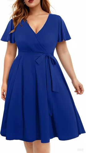 Pinup Fashion Plus Size Wedding Guest Semi Formal Cocktail Wrap Knee Dress | Knit, faux wrap v-neck, short ruffle sleeves, empire waist, removable belt, knee-length, wedding guest, semi formal, easter in Saudi Arabia