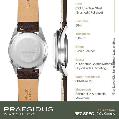 Rec Spec 38mm Men's Military Watch, NH36 Automatic Wrist Watch, 50M Water Resistant Field Watch with Leather/Rubber/Canvass Strap with Khaki Brown/OG and White Sunray/Popcorn Dial in Kuwait