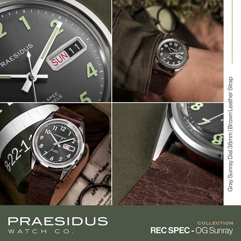 Rec Spec 38mm Men's Military Watch, NH36 Automatic Wrist Watch, 50M Water Resistant Field Watch with Leather/Rubber/Canvass Strap with Khaki Brown/OG and White Sunray/Popcorn Dial in Kuwait