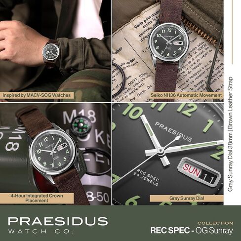 Rec Spec 38mm Men's Military Watch, NH36 Automatic Wrist Watch, 50M Water Resistant Field Watch with Leather/Rubber/Canvass Strap with Khaki Brown/OG and White Sunray/Popcorn Dial in Kuwait
