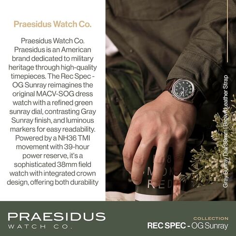 Rec Spec 38mm Men's Military Watch, NH36 Automatic Wrist Watch, 50M Water Resistant Field Watch with Leather/Rubber/Canvass Strap with Khaki Brown/OG and White Sunray/Popcorn Dial in Kuwait