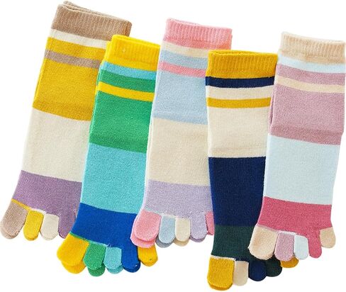 Kids Cotton Toe Socks, Five Finger Socks Rainbow Striped Crew Socks for Children 2-10 Years, 6 Pairs in Saudi Arabia
