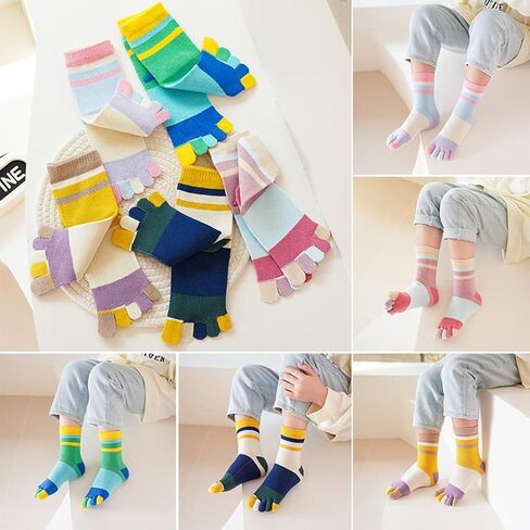 Kids Cotton Toe Socks, Five Finger Socks Rainbow Striped Crew Socks for Children 2-10 Years, 6 Pairs in Saudi Arabia