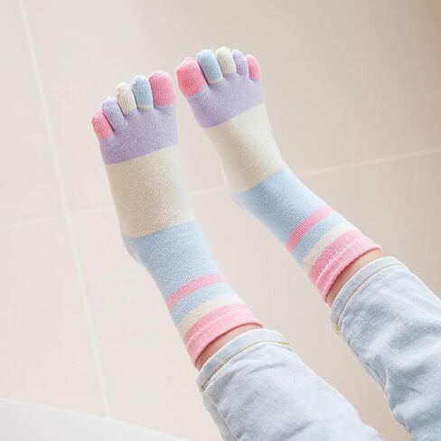 Kids Cotton Toe Socks, Five Finger Socks Rainbow Striped Crew Socks for Children 2-10 Years, 6 Pairs in Saudi Arabia