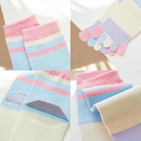 Kids Cotton Toe Socks, Five Finger Socks Rainbow Striped Crew Socks for Children 2-10 Years, 6 Pairs in Saudi Arabia