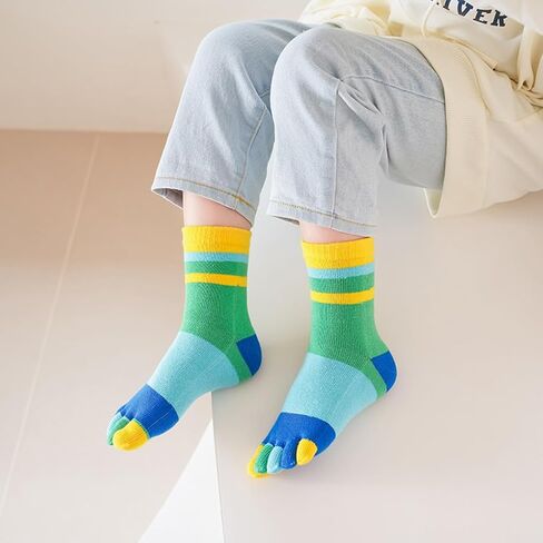 Kids Cotton Toe Socks, Five Finger Socks Rainbow Striped Crew Socks for Children 2-10 Years, 6 Pairs in Saudi Arabia