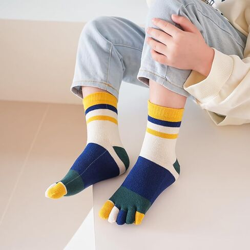 Kids Cotton Toe Socks, Five Finger Socks Rainbow Striped Crew Socks for Children 2-10 Years, 6 Pairs in Saudi Arabia