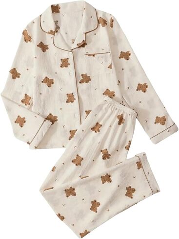 Women's 2 Piece Pj Set Cherry Print Pajama Long Sleeve Button Up Collar Tops and Pants Nightwear Sleepwear Lounge Set in Kuwait