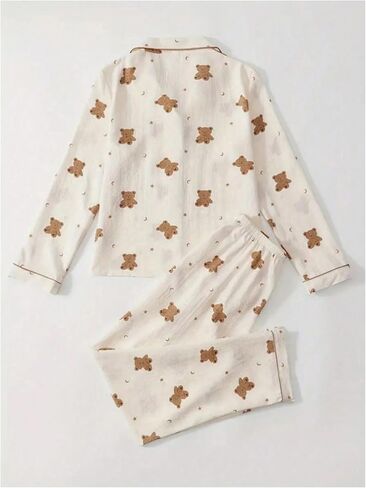 Women's 2 Piece Pj Set Cherry Print Pajama Long Sleeve Button Up Collar Tops and Pants Nightwear Sleepwear Lounge Set in Kuwait
